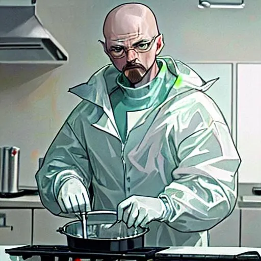 Prompt: Walter White in a lab withHazmat suit preparing to cook meth