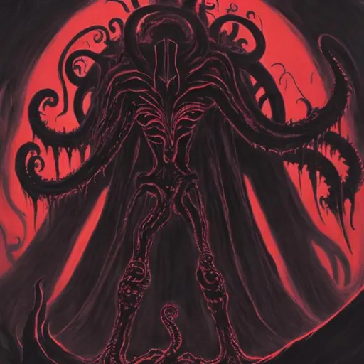 Prompt: King of the void, tall with a eldritch horror appearance, dark red