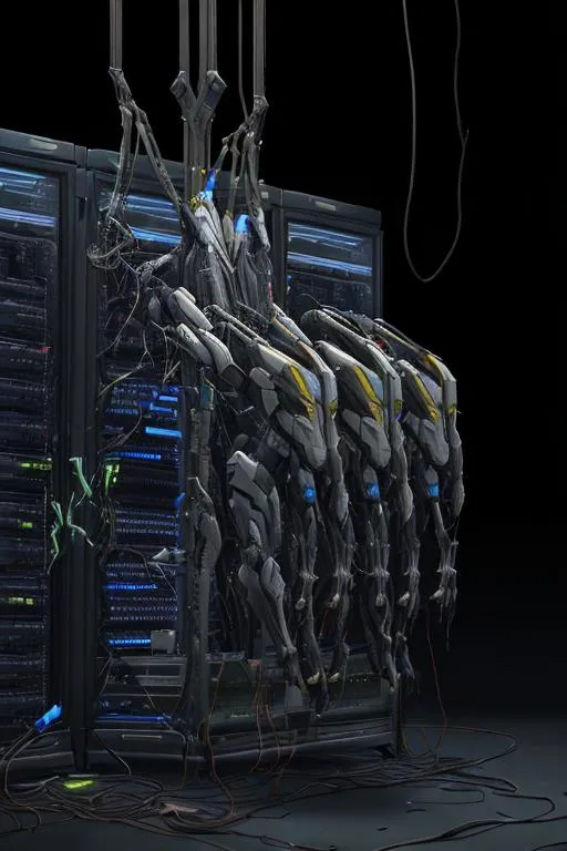 Prompt: a warframe forcibly hooked up to a  server mainframe, the arms are shattered and cables run throu them, the body is hung down the sceiling, with the walls made out of servers