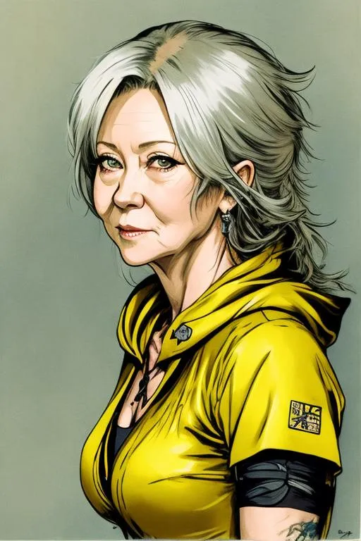 Prompt: (((Yoji Shinkawa))), sticker of ultra detailed portrait of Helen Mirren, 72 years old as a yellow hooded Witch,  high quality cell shaded illustration in post apocalyptic style by Yoji Shinkawa, ((full body)), dynamic pose, perfect anatomy, centered, freedom, soul, long hair, approach to perfection, cell shading, 4k , cinematic dramatic atmosphere, watercolor painting, global illumination, detailed and intricate environment, artstation, concept art, fluid and sharp focus, volumetric lighting, cinematic lighting, Art by Yoji Shinkawa,