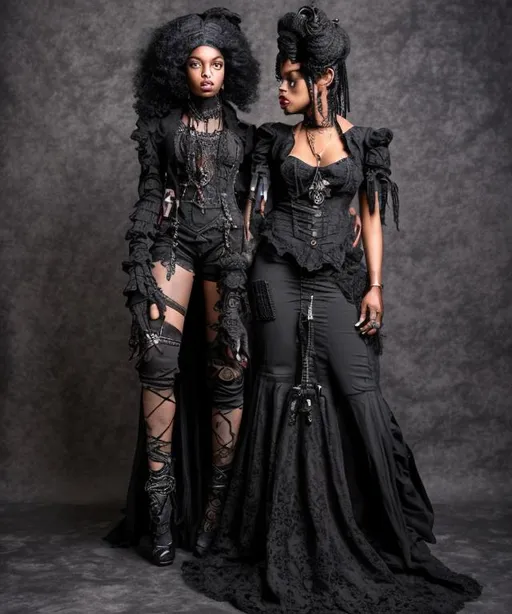 Prompt: African American men and women, inspired by gothic aesthetics. Design a fusion of Victorian elegance and industrial elements, intricate details of your designs, afrofuturism, v: 51, full length, full body images only, vibrancy, black art, beautiful, runway style v: 51,photo-realistic. A full - body shot, full shot of a full - figured, beautiful, glamorous, full shot of a full - figured woman, ar 1: 3, v5. 2, v: 51