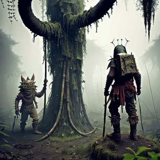 Prompt: dirty, eerie kobolds,  ragged cloak, belts and pouches, spear,  mossy, decaying, rusty and worn,  intricate detail,  show antennas and wires and circuits, old apocalyptic city wasteland overgrown by oppressive huge forest, vines, plants and roots growing, cracking through walls, 3d render,  high detail, dark, rainy,