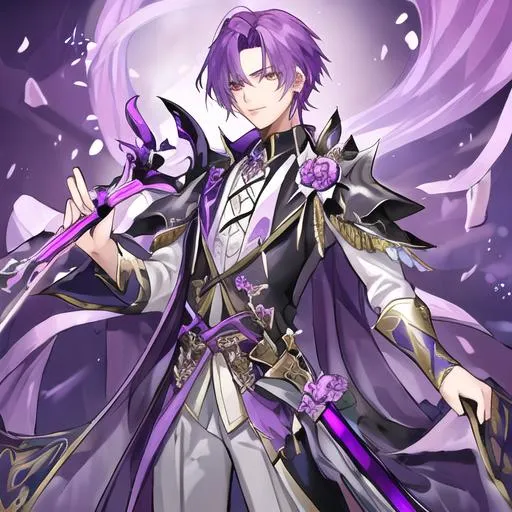 Prompt: Young man with an elegant costume purple hair and zn illunimated sword