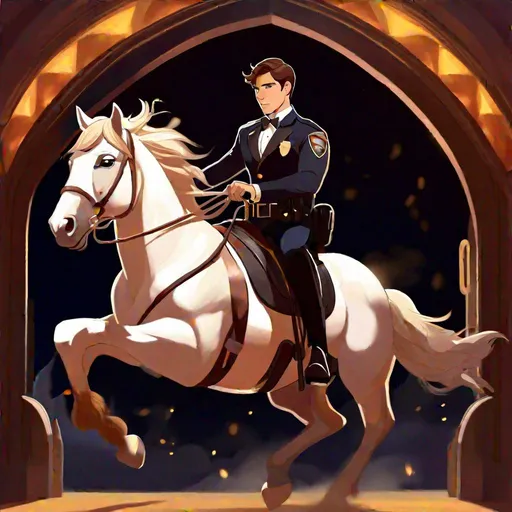 Prompt: Caleb  as a police officer (brown hair) (brown eyes) wearing a tuxedo, full body, riding a demon horse, pulling back on the reins making the horse rear up, two large doors behind him