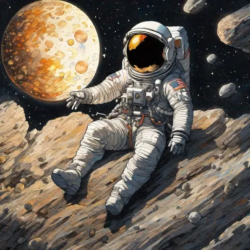 Prompt: astronaut sitting on a floating rock in space, comets flying in the background, sun and moon coming together creating a small explosion, highly detailed, hd, hayao  miyazaki