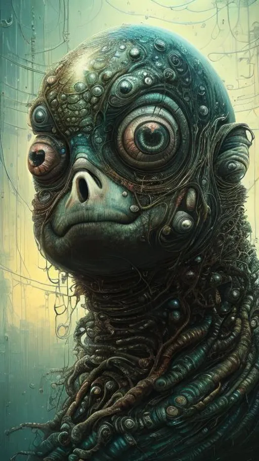 Prompt: Portrait of an incredibly ugly person with the head of a barreleye. slimy and wet, intricate complexity, horror, psychedelic art, trending on art station, photoreal, 8k, octane render, by Naoto Hattori + Daniel Merriam, dystopian background, tetradic colors dystopian fantastical hyperdetailed cyberpunk