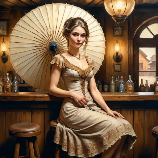 Prompt: an oil painting by 7 Wonders Art Glass Sudio of a woman in a dress holding a parasol in western saloon (Honoring Nuit) with stools and a bar in the background