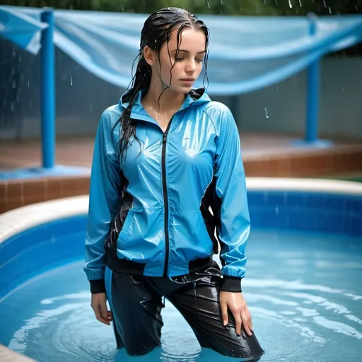 Prompt: photo of young woman, soaking wet clothes, nylon tracksuit pants, nylon tracksuit,  , standing in pool,   enjoying, water dripping from clothes, clothes stuck to body,  detailed textures of the wet fabric, wet face, wet plastered hair,  wet, drenched, professional, high-quality details, full body view 