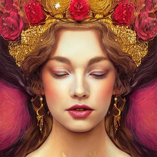 Prompt: Portrait of Queen with red peonies and gold big flowers crown, beautiful intricate colored wavy hair, symmetrical, soft gold lighting, detailed face with gold shimmer, wlop, rossdraws, crystals on the face, concept art, digital painting, contrast dark and gold, Gustav Klimt 