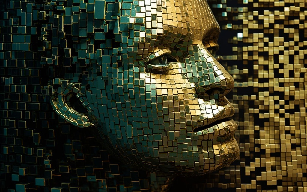 Prompt: a golden head that is made from pixels, in the style of futuristic glamour, green and bronze, photorealistic detail, fragmented advertising, photo-realistic techniques, emek golan, graphic textures