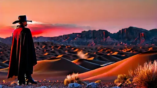 Prompt: 4 Armed Cyber Cowboy, fiery red Poncho, Dressed in black duster and Stetson Cowboy Hat, with Red Sunglasses, Haunting Presence, Photorealism, Hyperrealism, Intricately Detailed, Hyperdetailed, Desert Wild West Landscape, Dusty Midnight Lighting, Filmic, Movie Quality, 8K Resolution, Wild West Feel