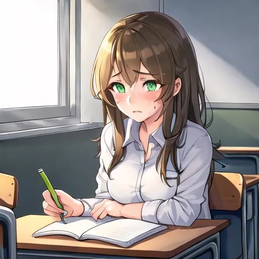 Prompt: a girl with green eyes, brown hair, and freckles, sitting at a desk at school. She looks like she is about to cry.
