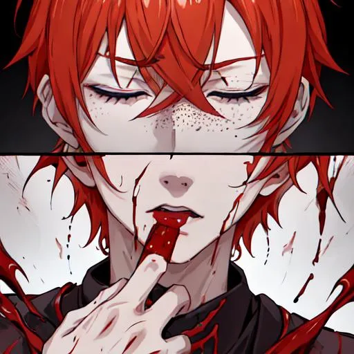 Prompt: Erikku male adult (short ginger hair, freckles, right eye blue left eye purple)  UHD, 8K, insane detail anime style, covered in blood, psychotic, covering his face with his hands, face covered in blood and cuts, blood highly detailed, crying out in pain, eyes closed