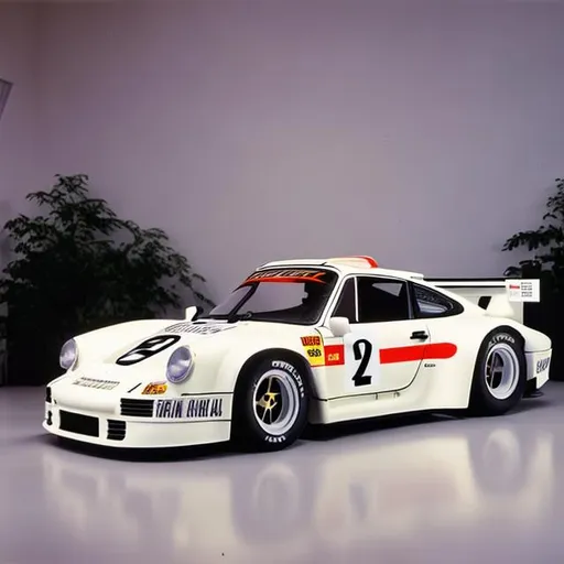 Prompt: realistic 1980s photograph one porsche race car in bright white display room on pedestal