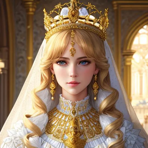 Prompt: beautiful photograph of most beautiful fictional, Queen, goodnes, heavenly, royal, White and golden, extremely, detailed environment, detailed blur background, intricate, detailed skin, natural colors , High-resolution, professionally color graded, photorealism, 8k, moody lighting.