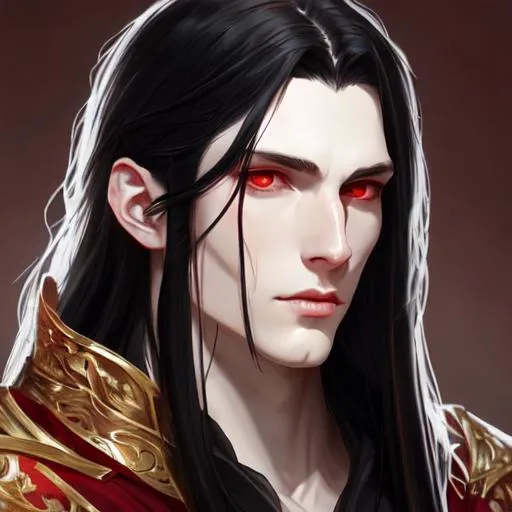 Prompt: Male with long black hair, pale skin and red eyes, elegant, elden ring, highly detailed, concept art, face enchanced, fantasy, portrait, digital painting, artstation.