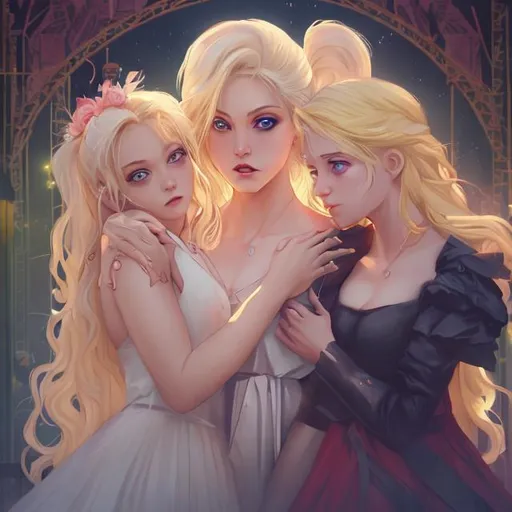 Prompt: Wide shot, cinematic. The subject is a beautiful blonde woman. She is trapped in an amusement park trying to protect her daughter. A demoness is holding the subject down so that she can’t breathe.