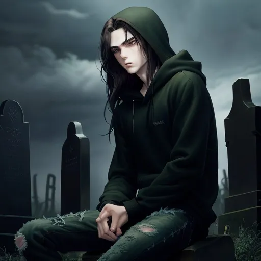 Prompt: Anime illustration of a man with long dark brown hair, soft green eyes, a dazed look, wearing a black hoodie and skinny jeans, sitting in a cemetery, gothic anime style, detailed facial features, realistic anime, moody lighting, dark and eerie atmosphere, detailed hair, somber mood, highres, detailed, anime, gothic, dark tones, atmospheric lighting