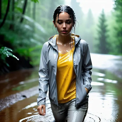 Prompt: Generate a photo of a young woman, wearing a  soaking wet clothes, dripping, soakig wet white tight jeans, soaking wet yellow t-shirt, light gray jacket,  dripping we walking through the forest in the heavy rain. She is enjoying being in her wet clothes, water dripping from her clothes, which are stuck to her body.  The image should show detailed textures of the wet fabric, a wet face, and plastered hair. The overall effect should be shiny and wet, with professional, high-quality details and a full body view.