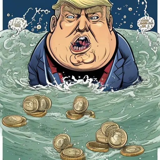 Prompt: Swirling the drain, Obese, Seawitch Trump swimming in gold coins and green dollar notes, too long red tie, navy blue suit, Bathtub scene,  Sergio Aragonés MAD Magazine style 