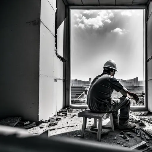 Prompt: A photo of construction worker sit down and eat a meal from the edge of the building that under construction, landscape view, black and white, realistic, 4k, uhd, ultra wde.