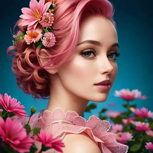 Prompt: a beautiful woman , lots of pretty pink flowers, pink hair
