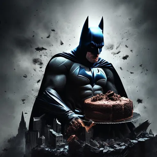 Prompt: batman, cake, sharpness, smoke, mystery, gothic, epic, hyperrealism, 3D detailed, incrustation, contrast forms and lines, contrast space and light.