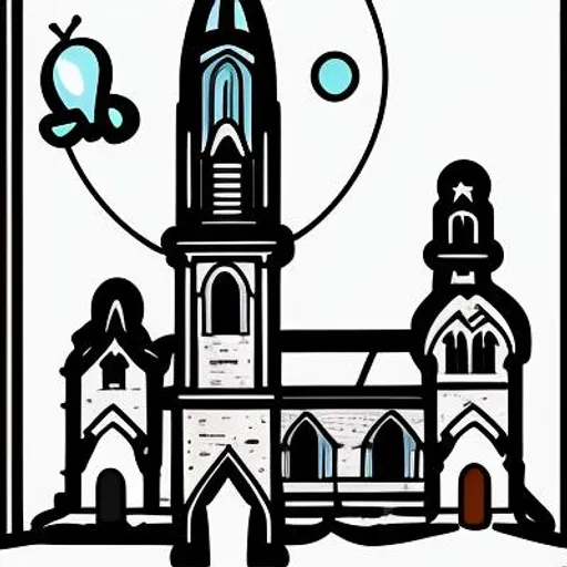 Prompt: design, church, church design, architecture, catholic, god, city skyline, old town, sketchy, cartoon style, happy life, moon, coloring page