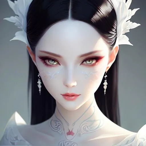 Prompt: Ethereal ceramic white. 3d delicate tattoos drawing. Surreal Dream . Ceramic pale skin. sharp focus. detailed, portrait, beautifully lit, ethereal, bleak,  art by stanley artgerm,   artstation fang xinyu,  huang guangjian and gil elvgren and sachin teng, Evan Lee, pilyeon, Zeronis, Viktoria Gavrilenko