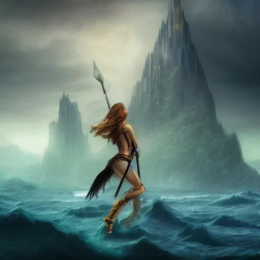 Prompt: atlantis goodess with swords, matte painting, detailed