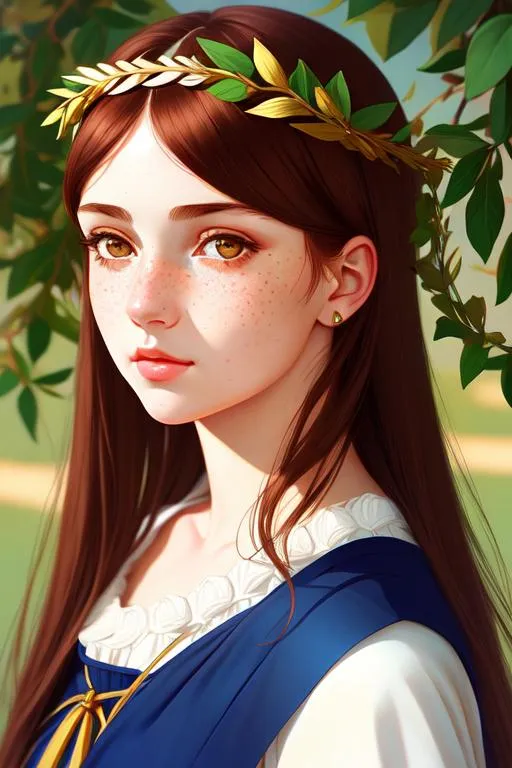 Prompt: Upper body portrait of cute girl, Petrarca, with laurel wreath, freckles, soft features, detailed face. by Ilya Kuvshinov and Botticelli. Renaissance artstyle