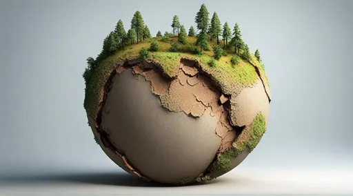 Prompt: a 3d model of the sphere where one half is lush green and forested and the other half is parched cracked soil crust and desert 