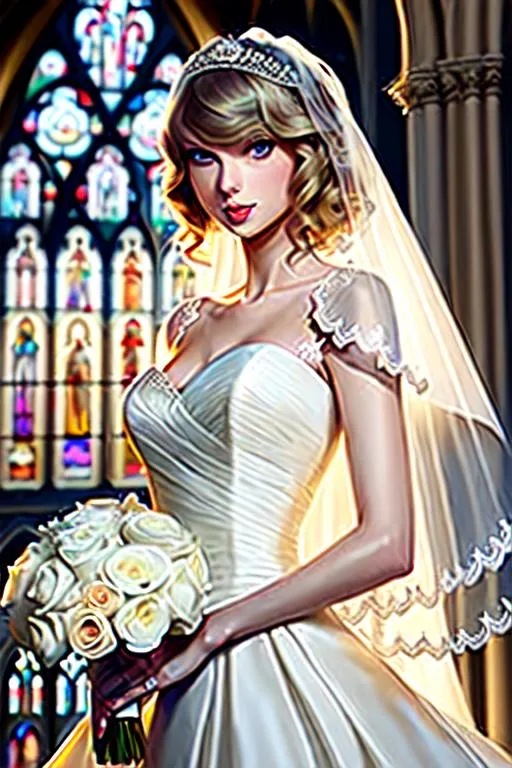 Prompt: Taylor Swift | Wedding Dress | veil, Average Body, Happy face, church background, bridal bouquet, ultra-fine details, ambient lighting, soft glow, elegant, symmetrical facial features, accurate anatomy, anatomically correct Girl, sharp focus, fantasy cgi still, Artgerm, taken on nikon d750, scenic, gossamer, iridescent, ethereal, ultra realistic, sharp details, subsurface scattering, intricate details, warm lighting, beautiful features, highly detailed, photorealistic, octane render