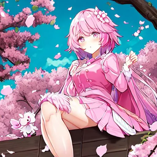 Prompt: female, pink fluffy hair, with a cottagecore pink top, with a fluffy pink school skirt, sitting next to a cherry blossom tree, leaves falling 