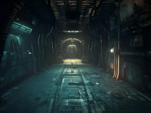 Prompt: Dark hallway on the submarine with many doors