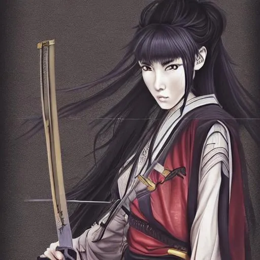 Prompt: highly detailed beautiful photo of a madison beer as a young female samurai, practising sword stances, art by koyoharu gotouge, symmetrical face. beautiful eyes, realistic, 8 k, award winning photo, pastels colours, action photography, 1 / 1 2 5 shutter speed, sunrise lighting,