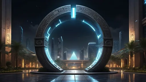 Prompt: magical portal between cities realms worlds kingdoms, circular portal, ring standing on edge, upright ring, freestanding ring, hieroglyphs on ring, complete ring, ancient egyptian architecture, gardens, hotels, office buildings, shopping malls, large wide-open city plaza, panoramic view, dark night, futuristic cyberpunk tech-noir setting