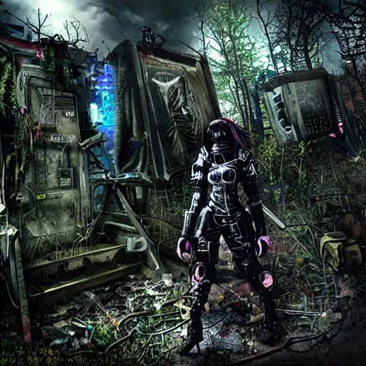 Prompt: 
Artwork
Realistic photo wide shot
Post-apocalyptic, Gothic, Cyber-Punk themed World/environment.

Heroine Maya Monya  a 10-year-old-black-female in cyber-punk-gothic battle armor with blood stains on chest. 

Prompt for Artwork: Maya discovers a hidden underground bunker, its entrance concealed by overgrown vegetation and debris. Rays of light filter through cracks in the ceiling, revealing a glimpse of the secrets within. The bunker is dark and foreboding, with a maze of corridors and chambers stretching out in all directions.