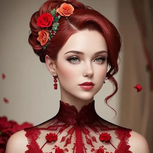Prompt: Beautiful woman portrait wearing red,elaborate updo hairstyle adorned with flowers