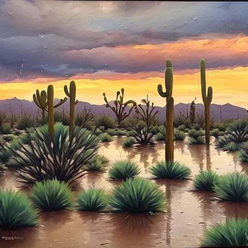 Prompt: Rainy afternoon on a desert oasis in acrylic