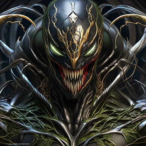 Prompt: Symbiot Venom with Spawn cybernetic suit (remaining set) photorealistic intricate, 8k, highly detailed, digital painting, symmetrical body, (detailed face), highly detailed, intense, sharp focus, art by (artgerm) and greg rutkowski and alphonse mucha and aleksi briclot, cgsociety