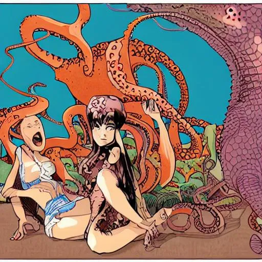 Prompt: A dinosaur pimp with a harem of women eating octopus tentacles, in art style of Satoshi Kon.