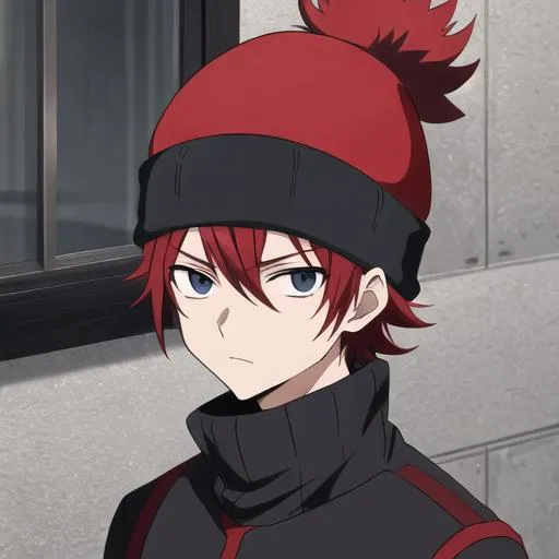 Prompt: Red haired male with turtle neck sweather, black beanie hat, bandaged arms, Hunter x Hunter art style, short hair