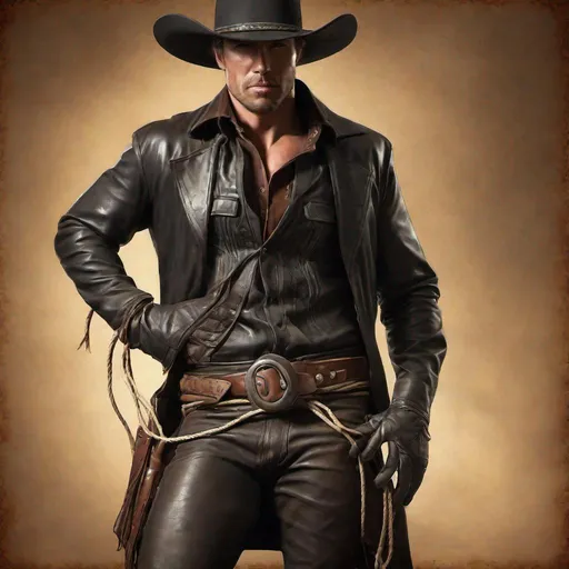 Prompt: Cowboy tied up with rope, leather pants, leather gloves, leather shirt, leather tailcoat, rugged western style, high quality, realistic, warm lighting, detailed textures, dramatic composition, classic cowboy