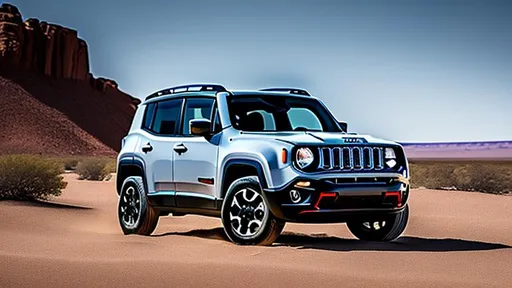 Prompt: 2016 Jeep Renegade Trail Hawk. Very Dark Anvil Grey. In the Mojave Desert.