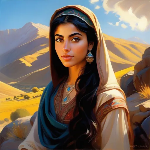 Prompt: Persian girl, light skin, black hair, dark brown eyes, in Zagros Mountains, cartoony, sunny atmosphere, extremely detailed painting by Greg Rutkowski and by Henry Justice Ford and by Steve Henderson