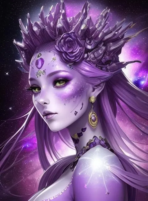 Prompt: beautiful galactic space empress, purple skin, intricately detailed, hd, galaxies in backgeiuns
