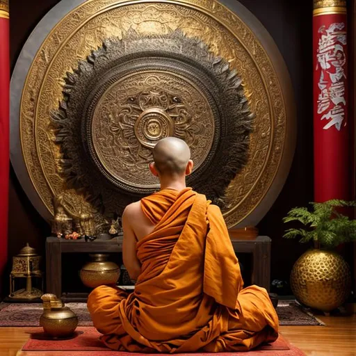 Prompt: Highly detailed, Highly realistic, monk sitting with his back to me, in front of a large very beautiful Gong, at peace, in idyllic deep forest setting, at dawn,
