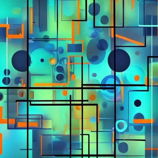 Prompt: abstract rectangles and circles, transparent, neon orange and dark blue, with aqua

