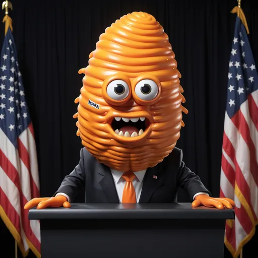 Prompt: a large, cartoonish orange maggot with a wild, tousled hairstyle reminiscent of Donald Trump’s iconic locks, complete with an exaggerated swoop. The maggot is standing at a small podium, barely fitting into a comically ill-fitting dark suit that looks more like a child's costume.

The banner above reads “The Face Of AI” in bold, playful letters. Behind the maggot, the congressional chamber is stylized with rich colors and decorative flags. The audience is filled with cartoonish insects—perhaps a few flies and ants—looking on with a mix of confusion and amusement. Some might be holding tiny signs, while others are whispering to one another, clearly finding the whole situation hilarious.
Trump has a maggot body


The maggot’s face displays an over-the-top confident grin, emphasizing its larger-than-life persona. Bright oranges and yellows make the maggot pop against a darker, muted background, creating a striking contrast that draws attention.